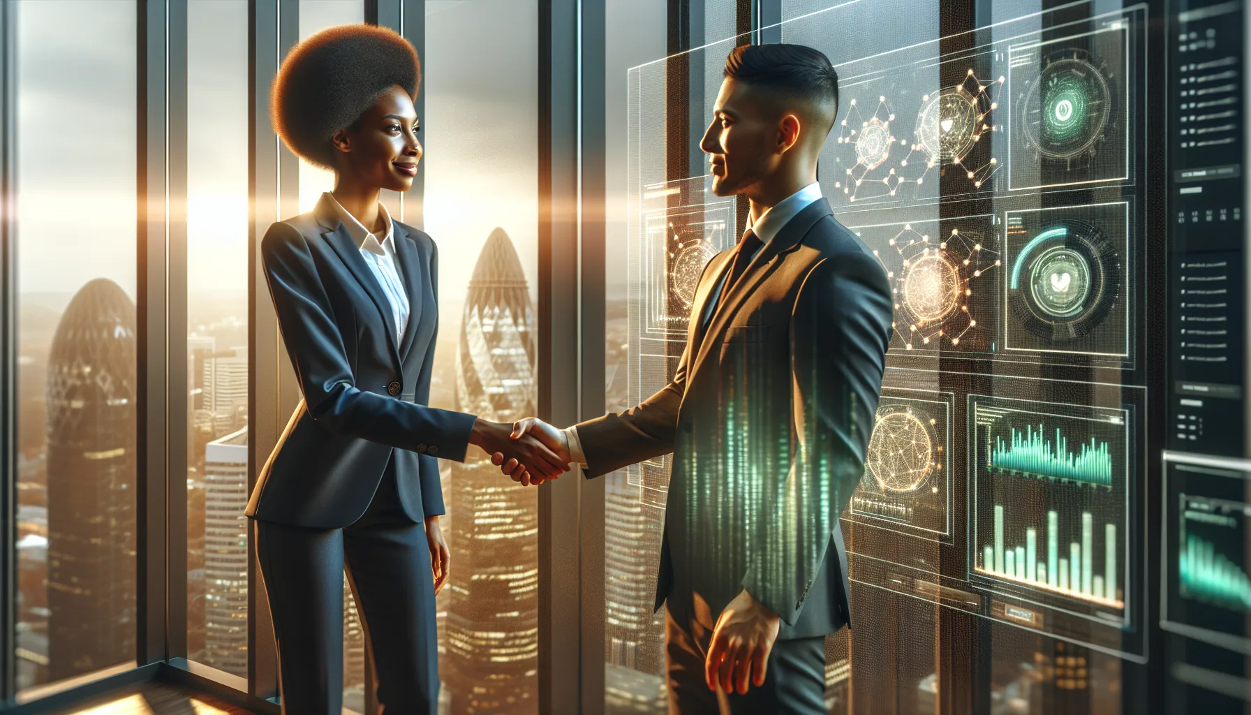 A business executive shaking hands with a blockchain security consultant in a modern glass-walled office, with security monitoring dashboards glowing on screens in the background