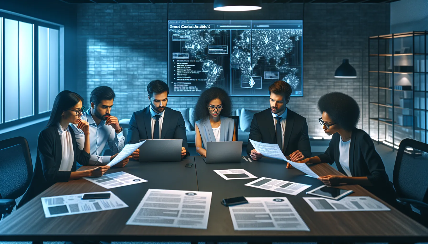 A team of blockchain security experts sitting around a conference table reviewing printed smart contract audit reports, with laptops and code-covered whiteboards visible in the background