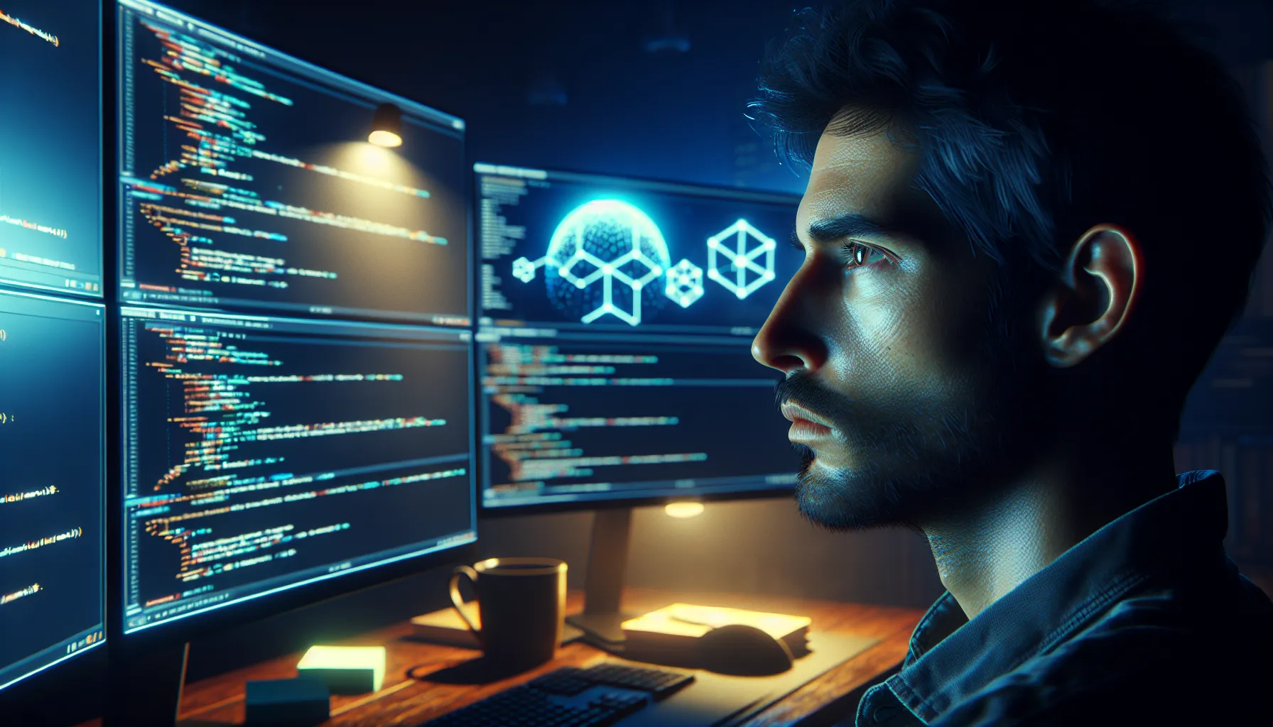 A blockchain developer analyzing smart contract code on multiple monitors in a dimly lit office, with blockchain network visualizations displayed on screen