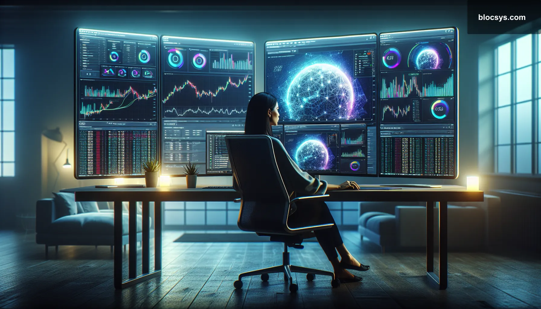 An investor sitting at a desk reviewing a stablecoin yield portfolio on two large monitors, with DeFi platform tabs open, yield aggregator charts displayed, and crypto wallet interfaces visible