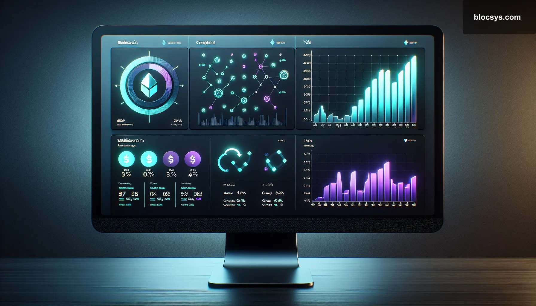 A split-screen digital dashboard comparing stablecoin yield rates on Aave and Compound, with color-coded APY percentages, bar charts, and DeFi protocol logos on a dark-themed monitor