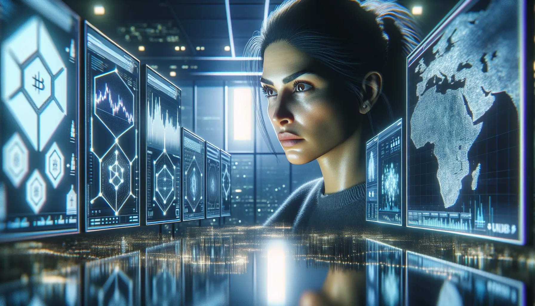 [An investor analyzing Web3 blockchain identity protocol growth charts on multiple screens in a sleek, modern technology office environment]