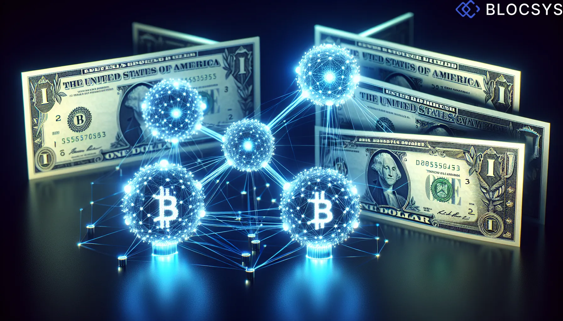 A digital visualization of interconnected blockchain nodes linked by glowing data streams, connecting to physical U.S. Treasury bond certificates on a dark blue background