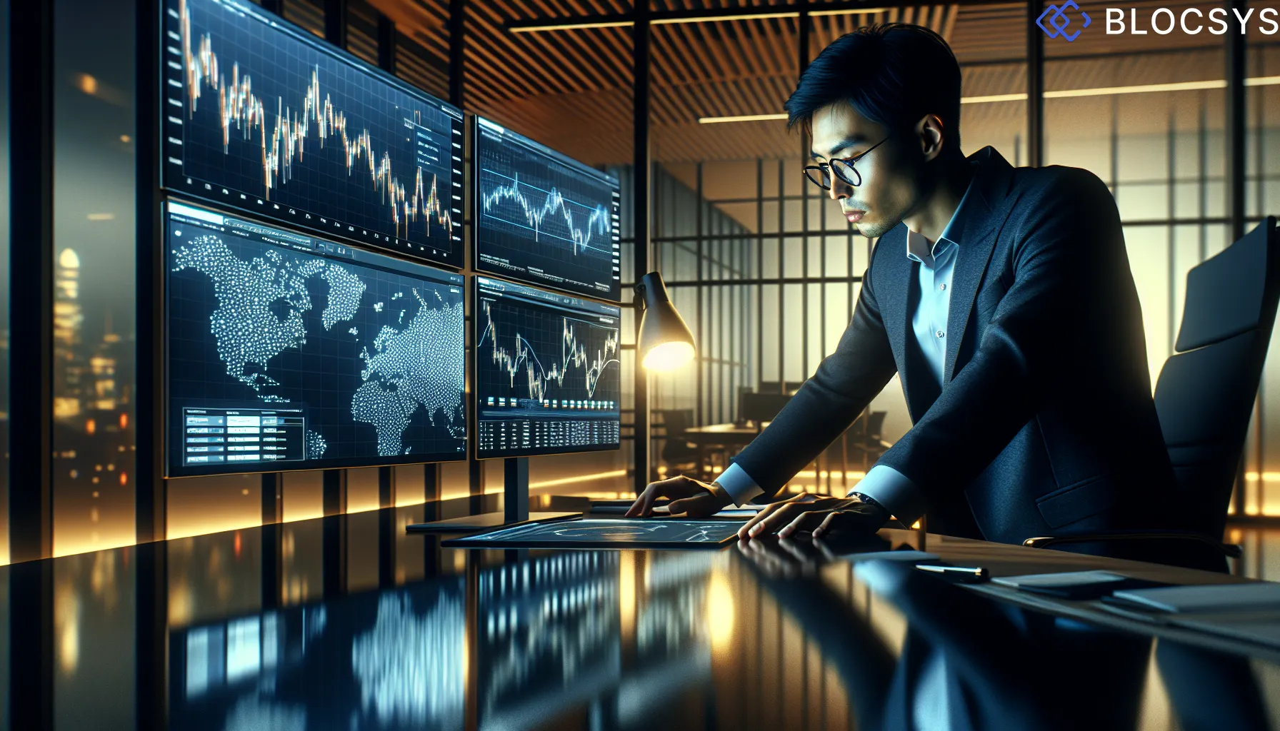 A financial analyst reviewing a dual-screen trading workstation displaying tokenized Treasury yield curves alongside traditional bond performance charts in a modern office setting