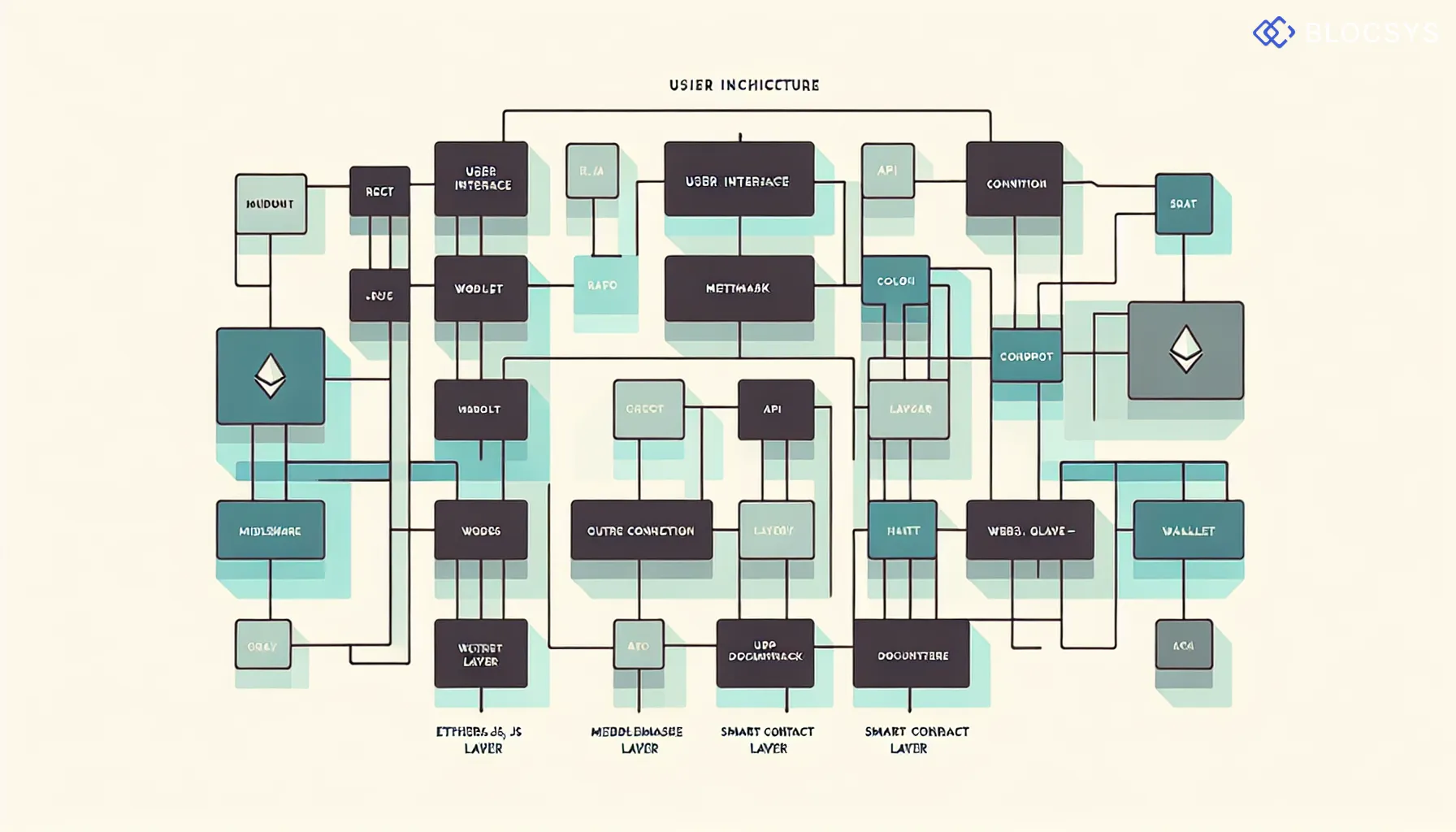 Architecture diagram showing a full-stack dApp structure: User Interface (React) → Wallet Connection (MetaMask) → Ethers.js/Web3.js Middleware → Smart Contract Layer → Blockchain Network (Ethereum/Polygon) → Data Indexing Layer (The Graph)