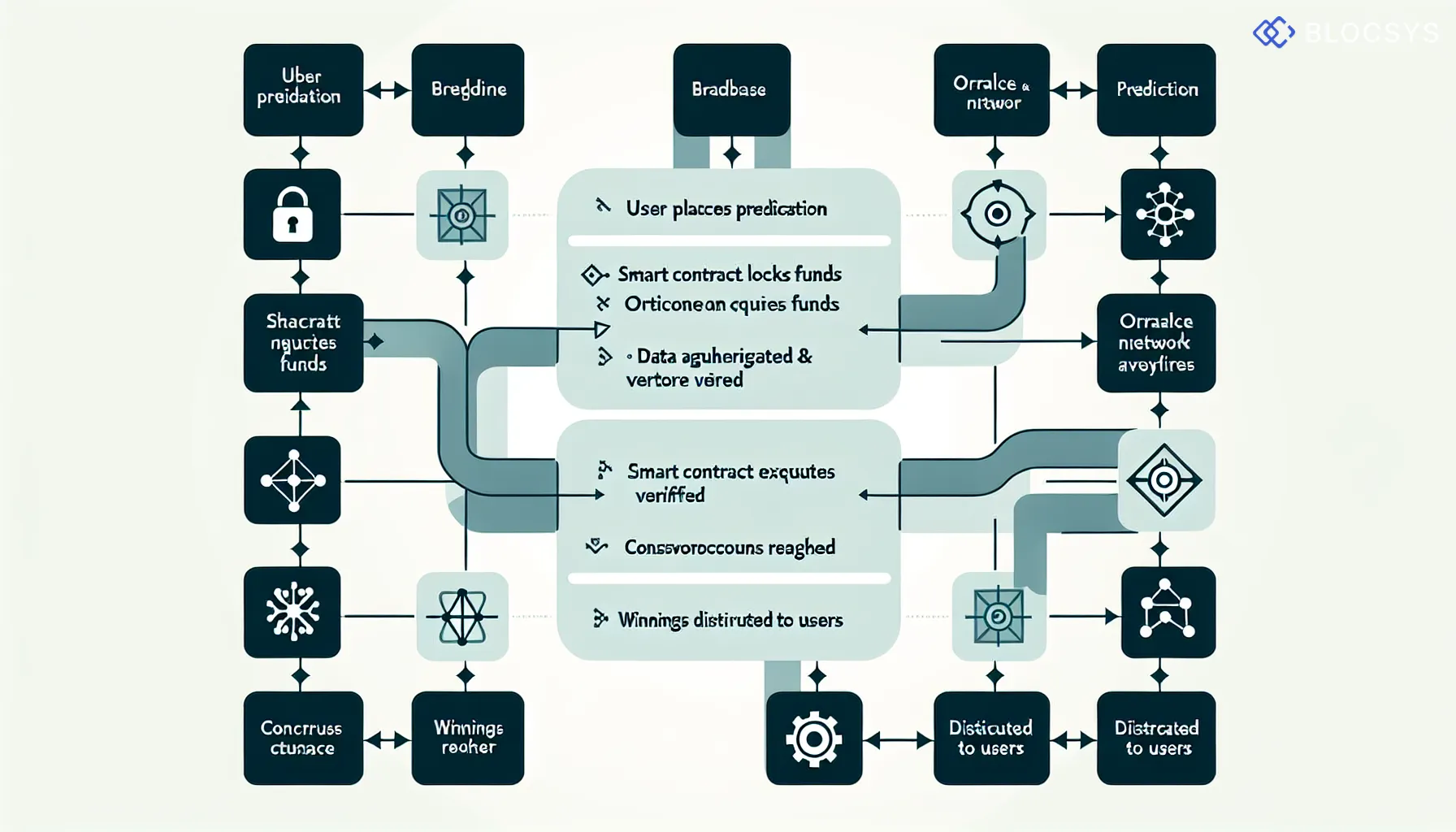 Flow diagram showing the prediction market oracle process: User Places Prediction → Smart Contract Locks Funds → Oracle Network Queries External Sources → Data Aggregated and Verified → Consensus Reached → Smart Contract Executes Payout → Winnings Distributed to Users