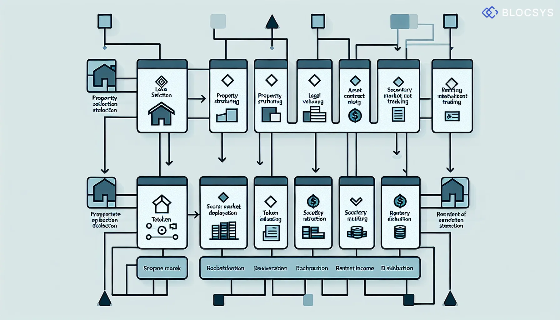 Flow diagram showing the real estate tokenization process: Property Selection → Legal Structuring → Asset Valuation → Smart Contract Deployment → Token Issuance → Secondary Market Trading → Rental Income Distribution to Token Holders