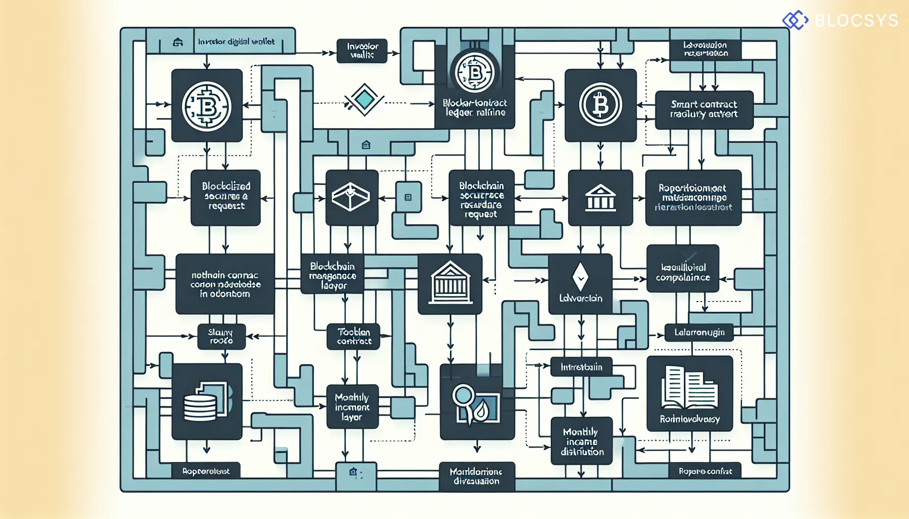 Process flow chart illustrating blockchain security architecture in tokenized real estate: Investor Digital Wallet → Token Purchase Request → Smart Contract Verification → Blockchain Ledger Recording → Regulatory Compliance Check → Property Management Layer → Monthly Income Distribution