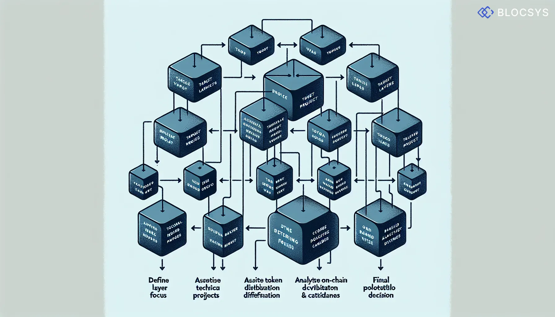 Process flow chart illustrating a modular blockchain project evaluation framework: Define Target Layer Focus → Identify Leading Projects → Assess Technical Moat and Differentiation → Evaluate Token Distribution and Vesting → Analyze On-Chain Developer Activity Metrics → Score and Rank Candidates → Final Portfolio Allocation Decision