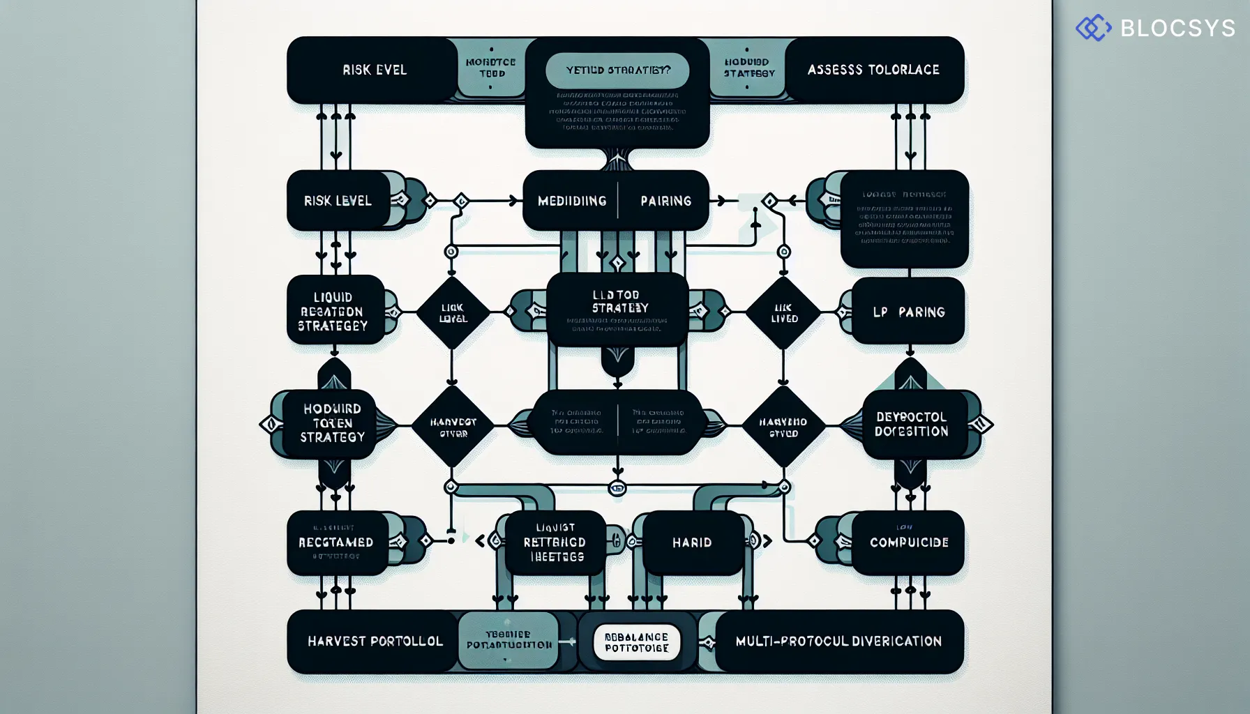 Decision tree diagram for selecting liquid restaking token yield strategies: Assess Risk Tolerance → High Risk Path: Looping Strategy (LRT Collateral → Borrow Stablecoins → Reinvest) → Medium Risk Path: LP Pairing (LRT + DEX Liquidity Pool) → Low Risk Path: Multi-Protocol Diversification → Monitor Rewards → Rebalance Portfolio → Harvest and Compound Yields
