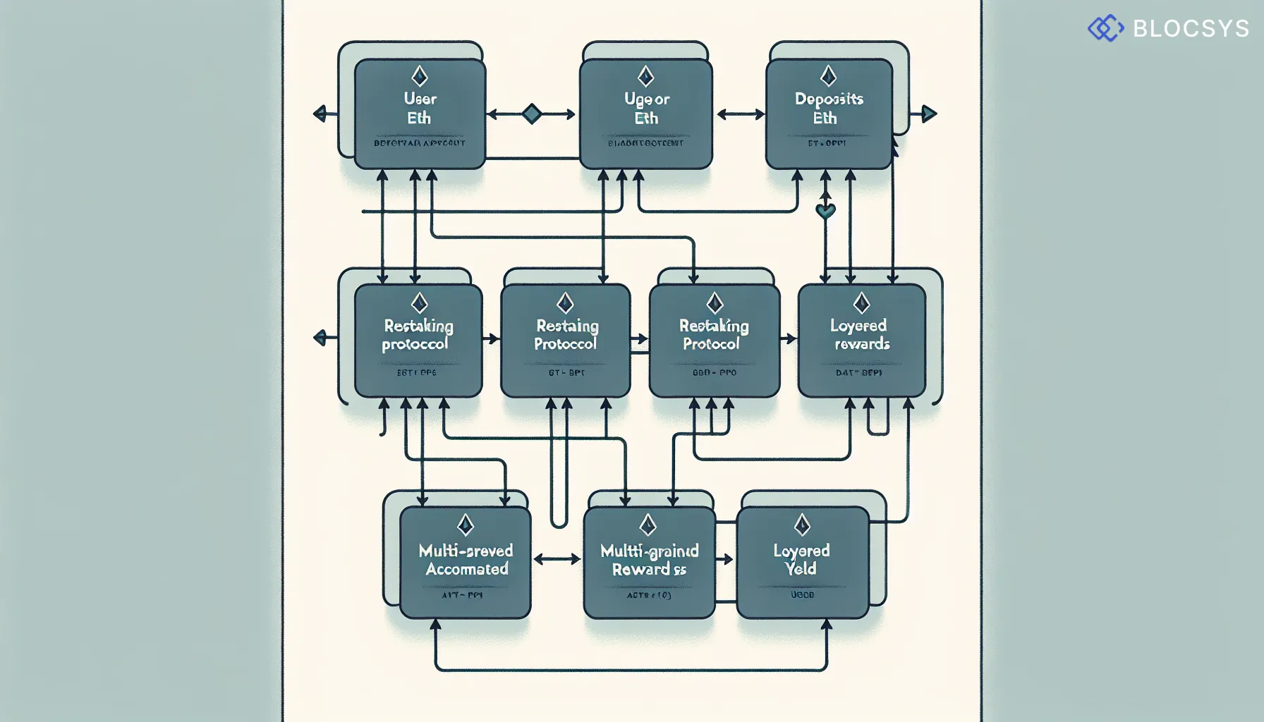 Process flow diagram showing how liquid restaking tokens are created and deployed: User Deposits ETH → Restaking Protocol Receives ETH → AVS Network Assignment → LRT Token Issued to User → Multi-Source Rewards Accumulated → Layered Yield Distributed to User