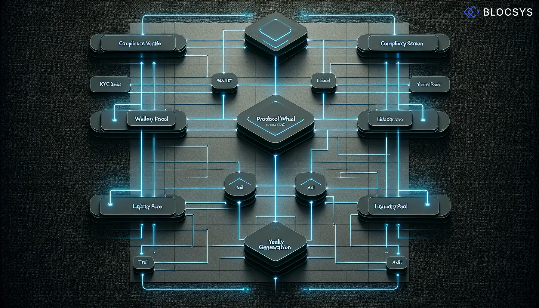 Process flow diagram showing institutional DeFi onboarding: KYC Verification → Compliance Screening → Wallet Whitelisting → Protocol Access Granted → Liquidity Pool Entry → Yield Generation → Reporting & Audit Trail