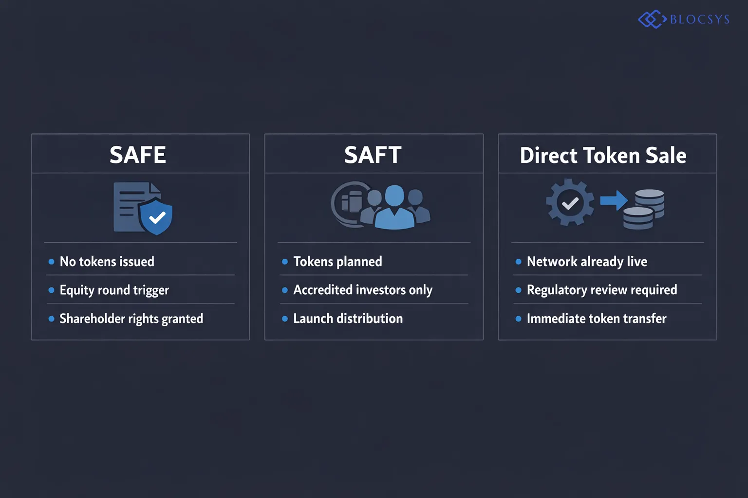 Decision tree diagram for choosing between SAFE and SAFT in Web3 fundraising: Start → Is your project issuing tokens? → No → Use SAFE → Equity Round Trigger → Shareholder Rights Granted; Yes → Is the network already live? → Yes → Direct Token Sale → Regulatory Review; No → Use SAFT → Accredited Investors Only → Token Distribution at Network Launch