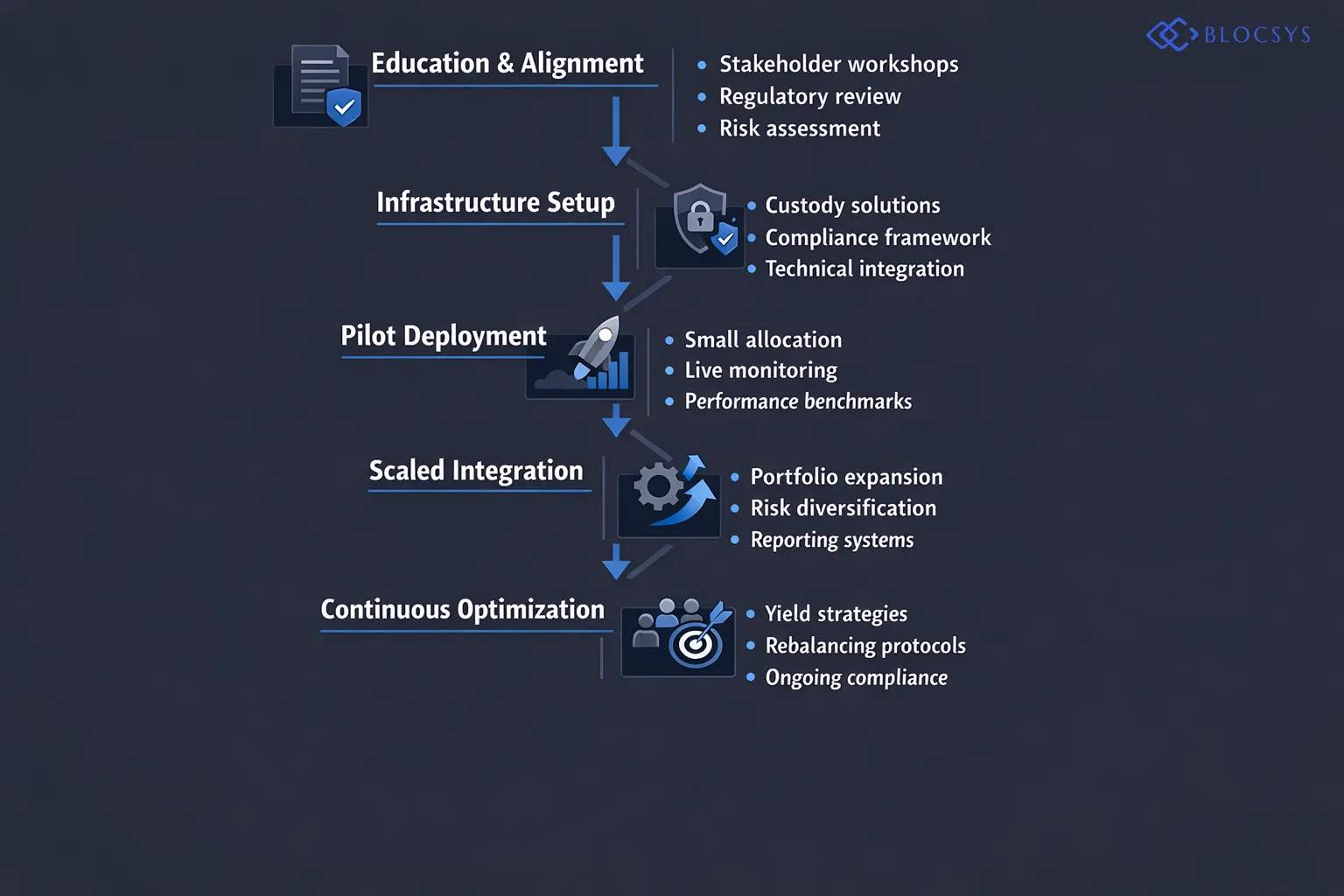 [Phased rollout process chart for institutional DeFi onboarding: Phase 1 Education & Alignment → Phase 2 Infrastructure Setup → Phase 3 Pilot Deployment → Phase 4 Scaled Integration → Phase 5 Continuous Portfolio Optimization]