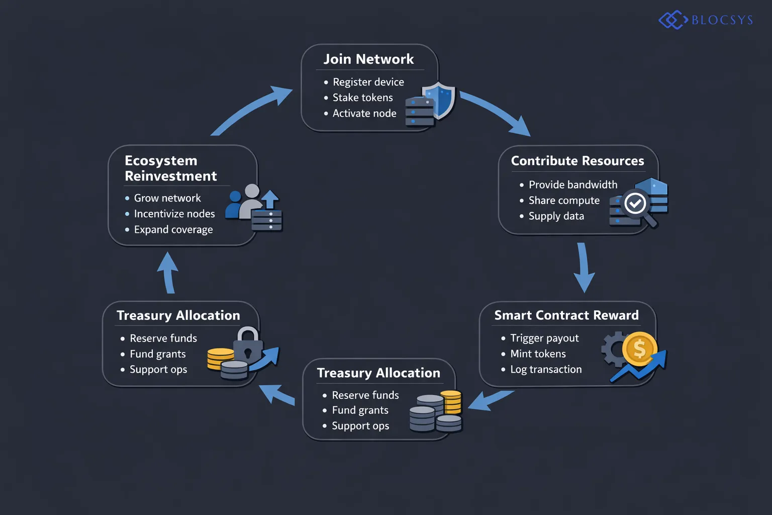 Flow diagram showing how a DePIN network operates: Participant Joins Network → Physical Resource Contribution → On-Chain Verification via Oracle → Smart Contract Triggers Token Reward → Treasury Allocation → Ecosystem Reinvestment → Network Growth Loop