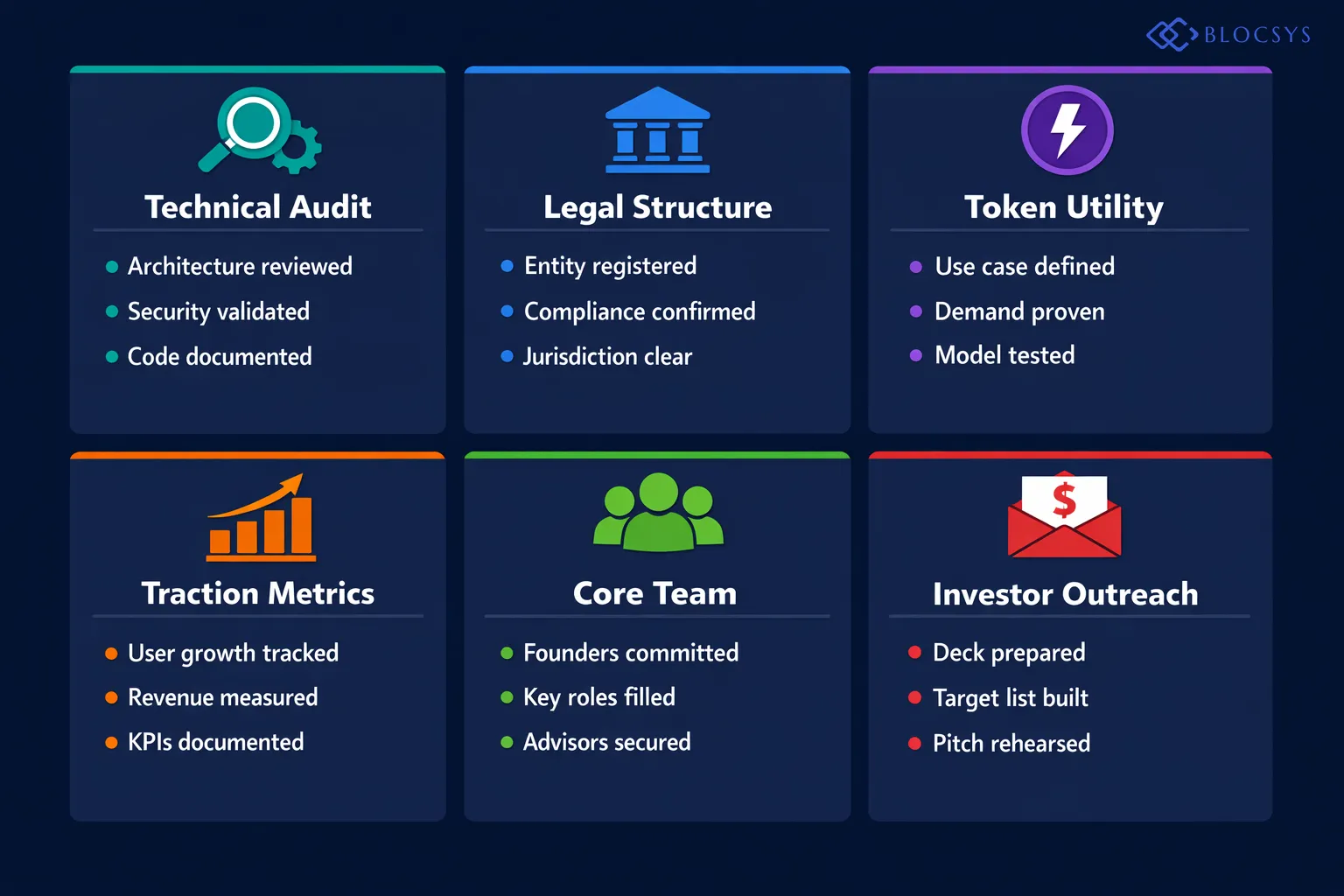 Decision tree diagram for crypto startup fundraising readiness assessment: Start → Technical Architecture Audit-Ready? → Legal Structure Clearly Defined? → Token Utility Demonstrable? → Measurable Traction Metrics Available? → Core Team Fully Assembled? → Begin Investor Outreach