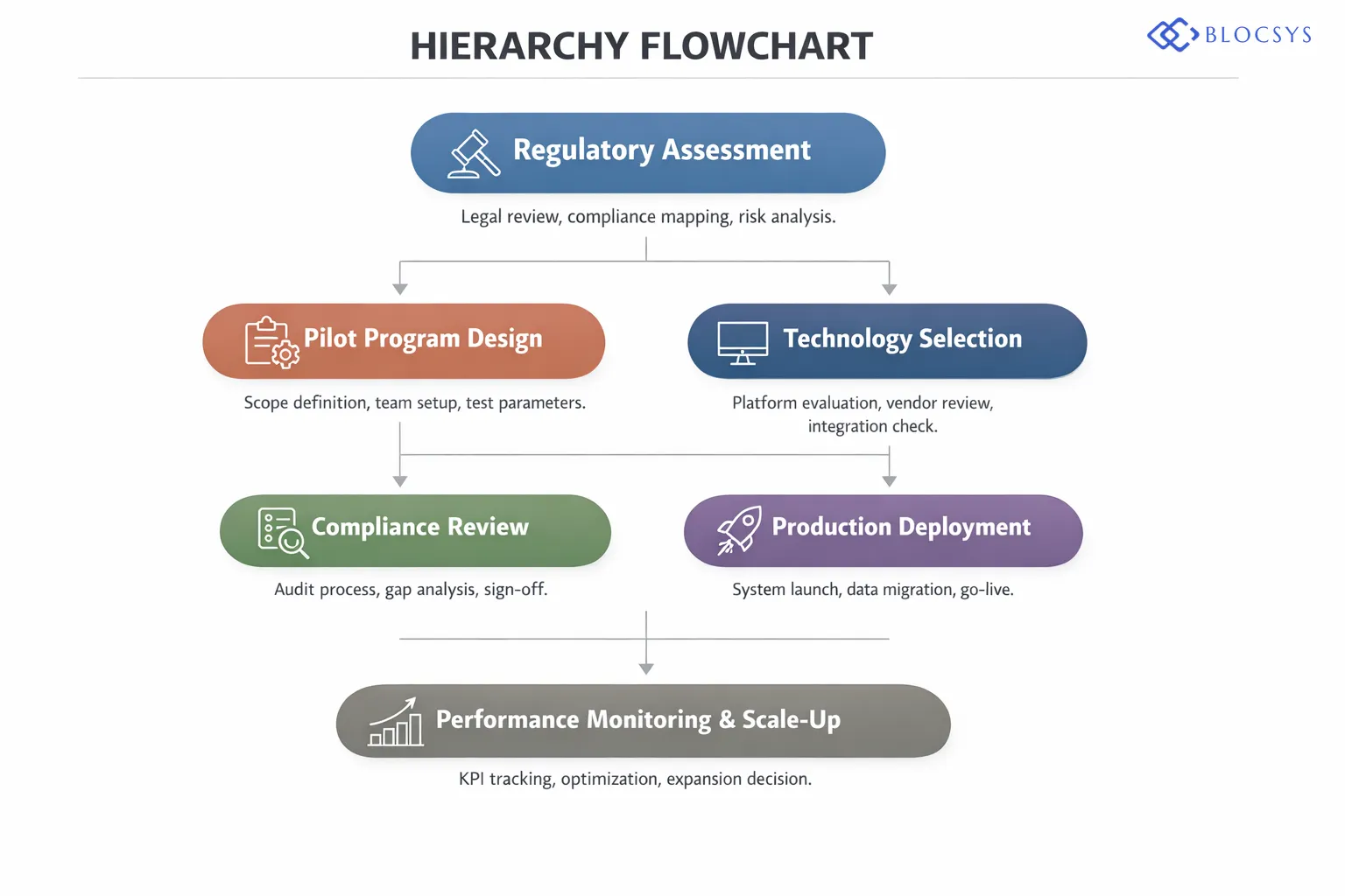 Process flow diagram showing the institutional blockchain adoption journey: Regulatory Assessment → Pilot Program Design → Technology Selection → Compliance Review → Production Deployment → Performance Monitoring → Scale-Up Decision