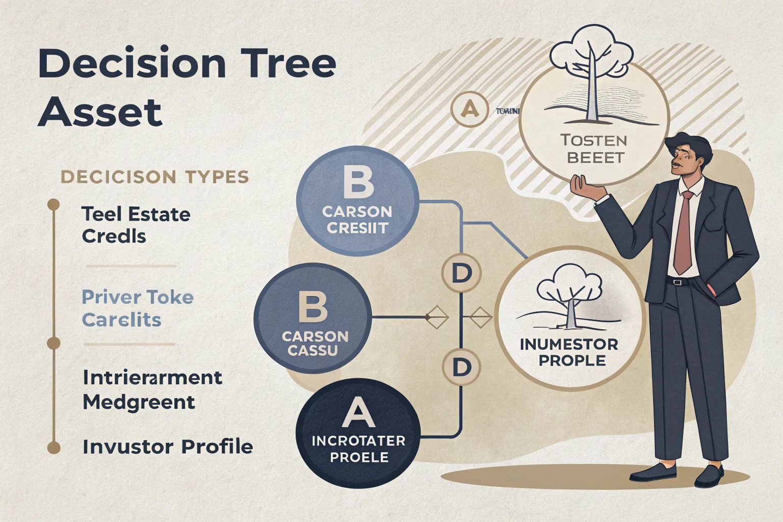 real world asset tokenization investment — Decision tree diagram mapping asset types (Real Estate, Private Credit, Commodities, Carbon Credits, Infrastructure) to their tokenization approach, liquidity profile, minimum investment range, and typical investor profile requirements