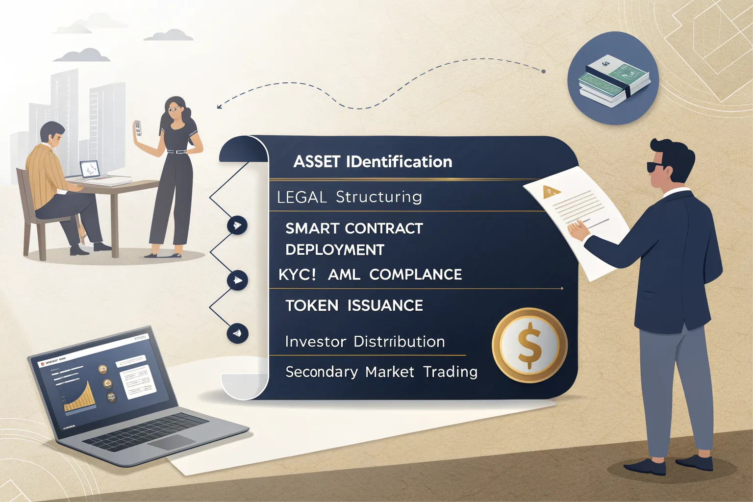 real world asset tokenization investment — Flow diagram showing the real world asset tokenization process: Asset Identification → Legal Structuring → Smart Contract Deployment → KYC/AML Compliance → Token Issuance → Investor Distribution → Secondary Market Trading