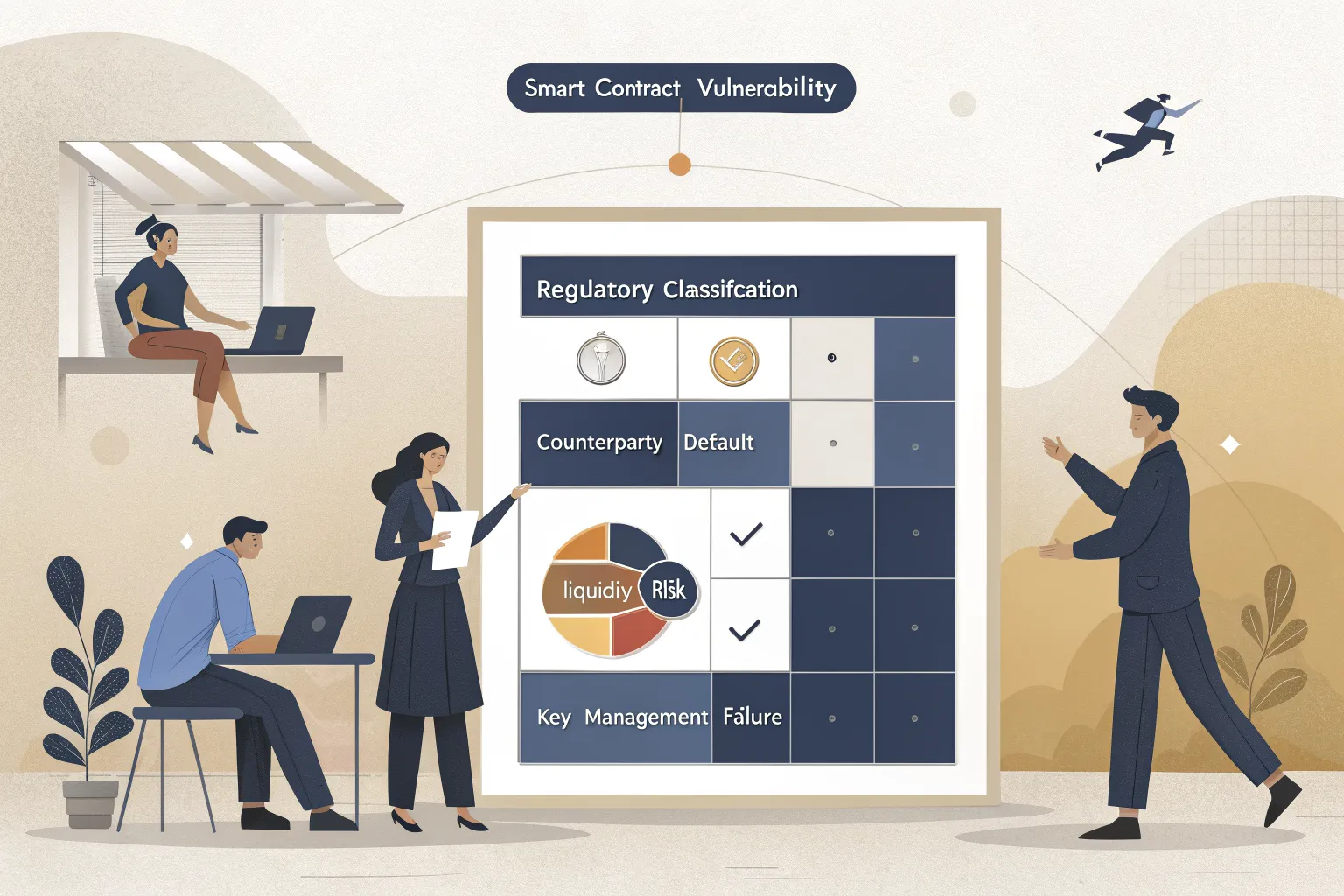 real world asset tokenization investment — Risk matrix diagram mapping tokenization risk categories (Smart Contract Vulnerability, Regulatory Classification, Counterparty Default, Liquidity Risk, Key Management Failure) against probability and impact severity, with specific mitigation strategies for each quadrant