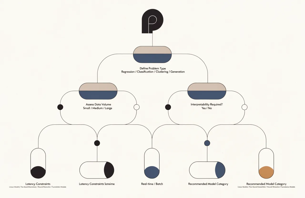 Artificial Intelligence — Decision tree diagram for ML model selection: Define Problem Type (Regression / Classification / Clustering / Generation) → Assess Data Volume (Small / Medium / Large) → Interpretability Required? (Yes / No) → Latency Constraints (Real-time / Batch) → Recommended Model Category (Linear Models / Tree-Based Ensembles / Neural Networks / Foundation Models)