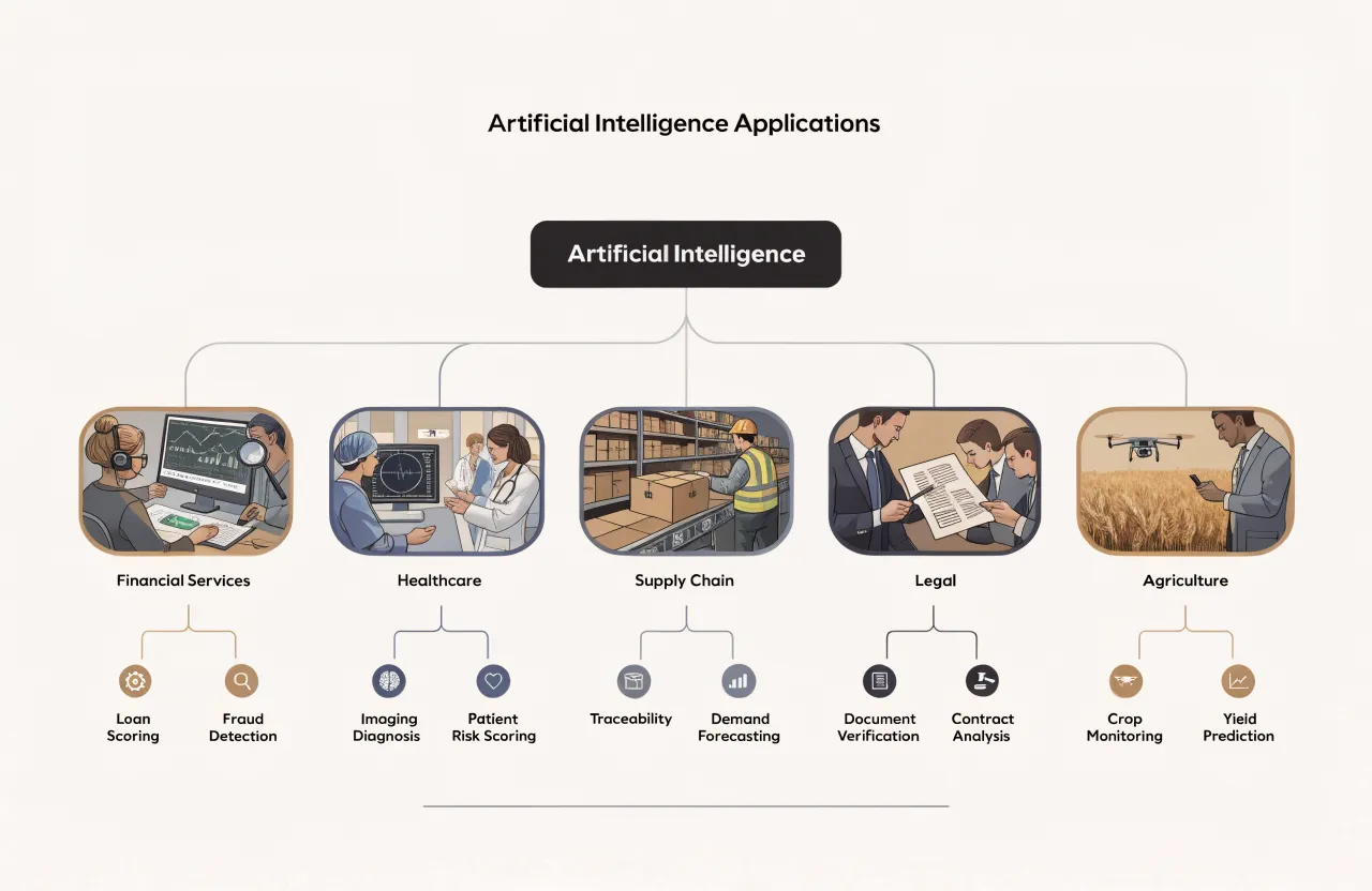 Artificial Intelligence — [Decision tree diagram illustrating AI application paths by industry: Financial Services (Loan Scoring, Fraud Detection) → Healthcare (Imaging Diagnosis, Patient Risk Scoring) → Supply Chain (Traceability, Demand Forecasting) → Legal (Document Verification, Contract Analysis) → Agriculture (Crop Monitoring, Yield Prediction)]