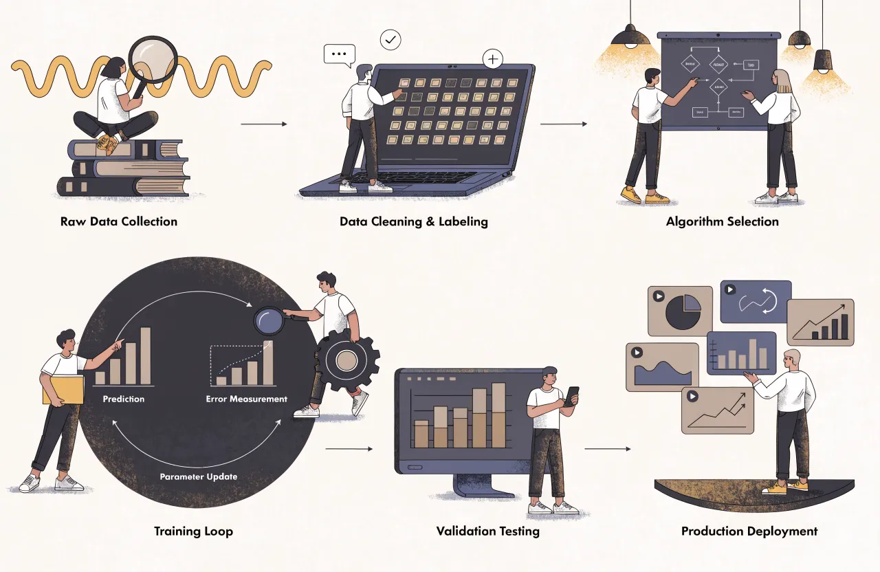 Artificial Intelligence — [Process flow diagram showing the AI model training pipeline: Raw Data Collection → Data Cleaning & Labeling → Algorithm Selection → Training Loop (Prediction → Error Measurement → Parameter Update) → Validation Testing → Production Deployment]
