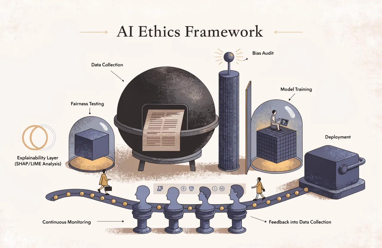 Artificial Intelligence — [Flow diagram illustrating an AI Ethics Framework: Data Collection → Bias Audit → Model Training → Fairness Testing → Explainability Layer (SHAP/LIME Analysis) → Deployment → Continuous Monitoring → Human Review Loop → Feedback into Data Collection]