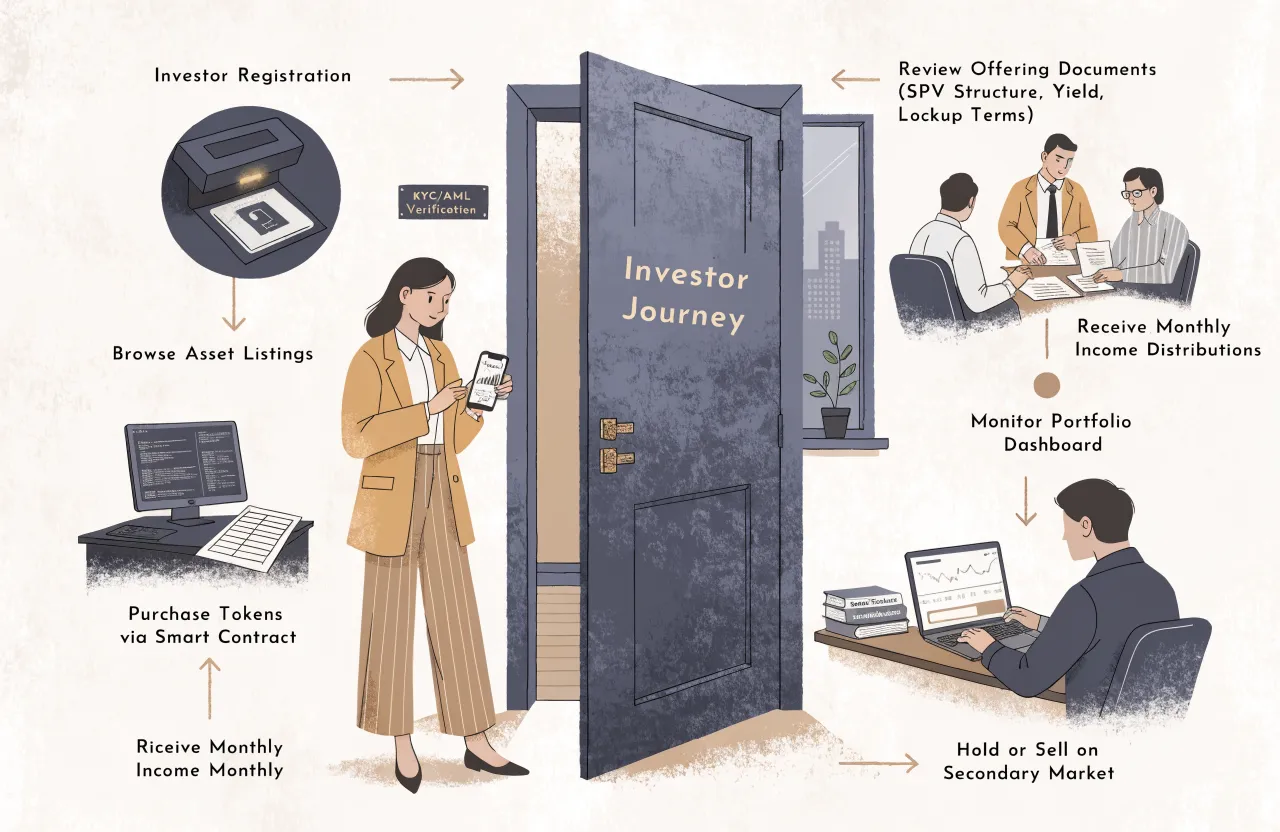 tokenized real estate investing — Investor journey decision tree: Investor Registration → KYC/AML Verification → Browse Asset Listings → Review Offering Documents (SPV Structure, Yield, Lockup Terms) → Purchase Tokens via Smart Contract → Receive Monthly Income Distributions → Monitor Portfolio Dashboard → Decision Node: Hold or Sell on Secondary Market