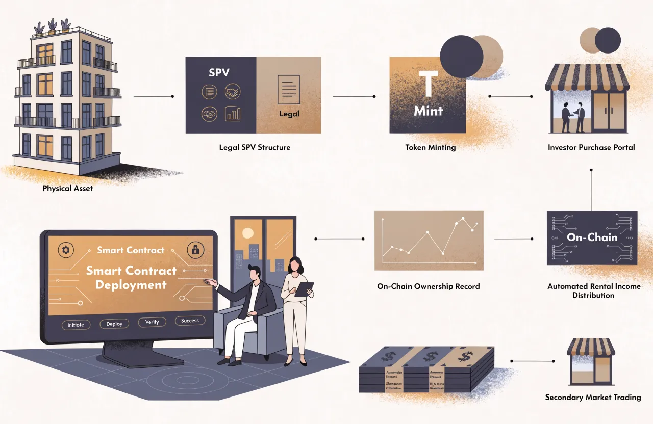 tokenized real estate investing — Process flow diagram showing the tokenization workflow: Physical Asset → Legal SPV Structure → Smart Contract Deployment → Token Minting → Investor Purchase Portal → On-Chain Ownership Record → Automated Rental Income Distribution → Secondary Market Trading