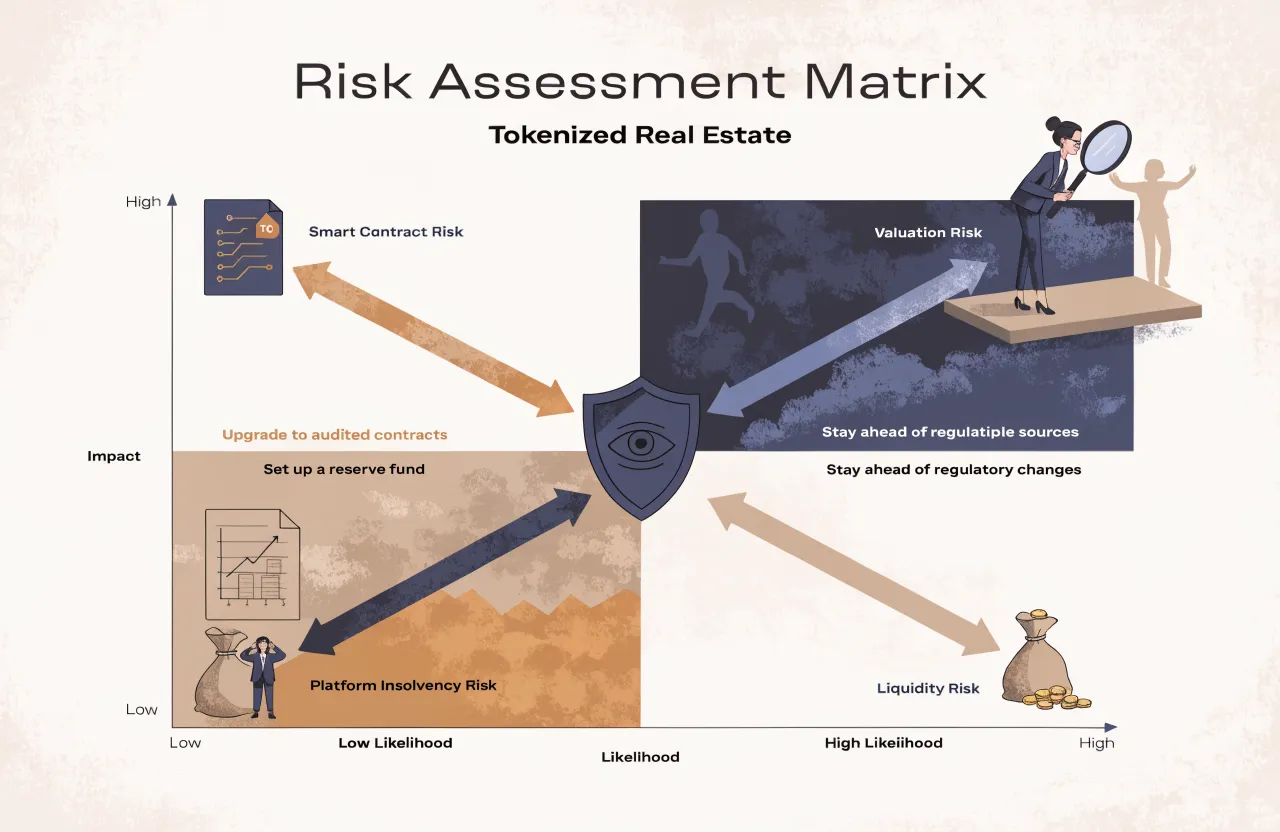 tokenized real estate investing — Risk assessment matrix diagram mapping tokenized real estate risk categories — Smart Contract Risk, Regulatory Risk, Liquidity Risk, Platform Insolvency Risk, Valuation Risk — against likelihood and impact axes, with color-coded mitigation pathways for each quadrant