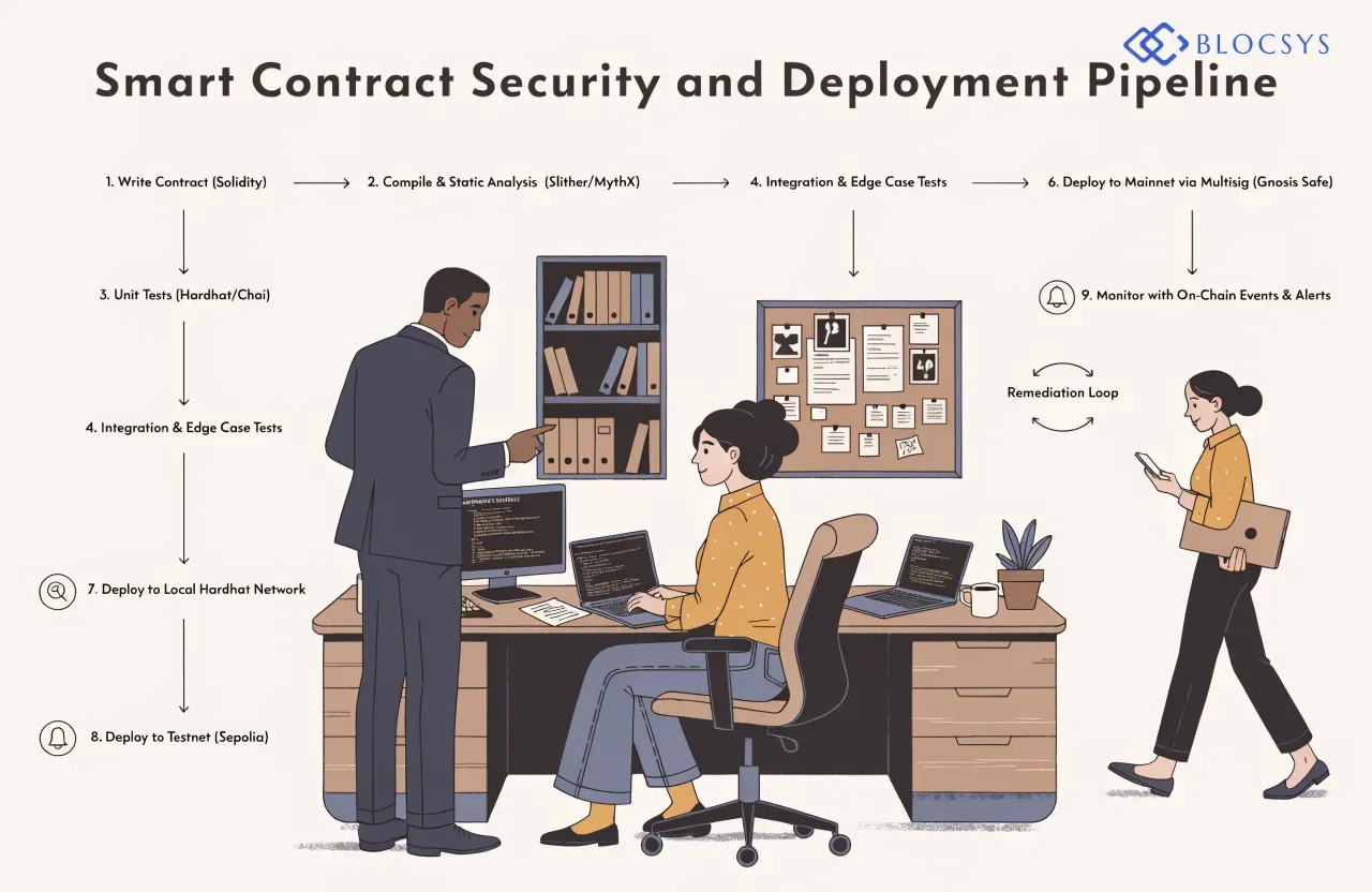 how to build a blockchain app — Smart contract security and deployment pipeline flow chart: Write Contract (Solidity) → Compile & Static Analysis (Slither/MythX) → Unit Tests (Hardhat/Chai) → Integration & Edge Case Tests → Deploy to Local Hardhat Network → Deploy to Testnet (Sepolia) → Manual Security Review & Audit → Remediation Loop (if issues found) → Deploy to Mainnet via Multisig (Gnosis Safe) → Monitor with On-Chain Events & Alerts