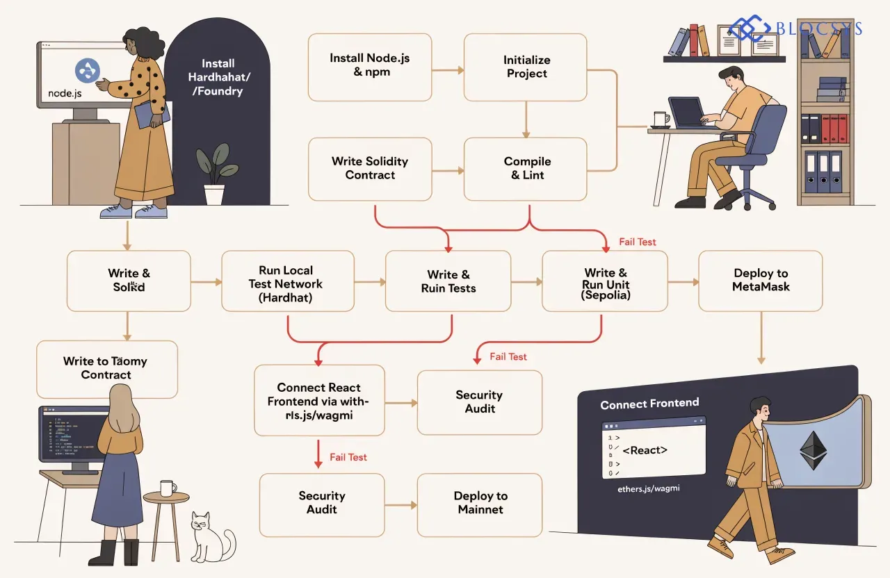 how to build a blockchain app — Development environment setup flow diagram: Install Node.js & npm → Install Hardhat/Foundry → Initialize Project → Write Solidity Contract → Compile & Lint → Run Local Test Network (Hardhat Node) → Write & Run Unit Tests → Deploy to Testnet (Sepolia) → Connect React Frontend via ethers.js/wagmi → Test with MetaMask → Security Audit → Deploy to Mainnet, with a branch at each testing stage showing failure paths looping back to the writing step