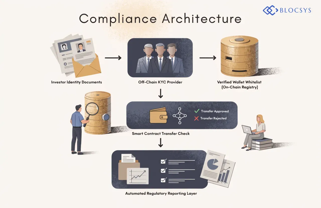 how to tokenize real world assets — Compliance architecture system diagram: Investor Identity Documents → Off-Chain KYC Provider → Verified Wallet Whitelist (On-Chain Registry) → Smart Contract Transfer Check → Transfer Approved or Rejected → Automated Regulatory Reporting Layer
