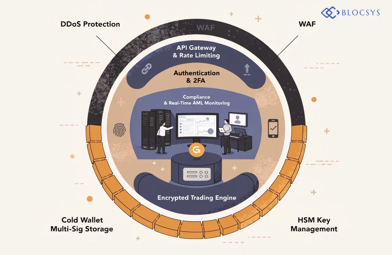 Blocsys — Security architecture diagram for a crypto futures exchange showing concentric protection layers: Outer Layer — DDoS Protection & WAF → API Gateway & Rate Limiting → Authentication & 2FA → Encrypted Trading Engine → Cold Wallet Multi-Sig Storage → HSM Key Management → Core: Compliance & Real-Time AML Monitoring