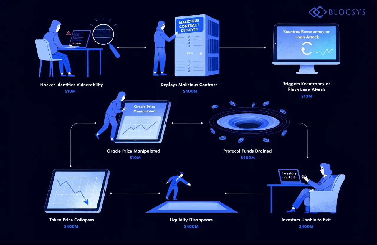 defi investment risks — Flow diagram showing DeFi smart contract exploit sequence: Hacker Identifies Vulnerability → Deploys Malicious Contract → Triggers Reentrancy or Flash Loan Attack → Oracle Price Manipulation → Protocol Funds Drained → Token Price Collapses → Liquidity Disappears → Investors Unable to Exit, with estimated dollar losses at each stage