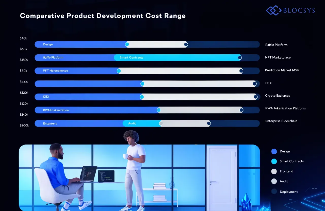 Prediction market development cost — Comparative horizontal bar chart showing blockchain product development cost ranges: Raffle Platform → NFT Marketplace → Prediction Market MVP → DEX → Crypto Exchange → RWA Tokenization Platform → Enterprise Blockchain, with phases (Design, Smart Contracts, Frontend, Audit, Deployment) colour-coded within each bar