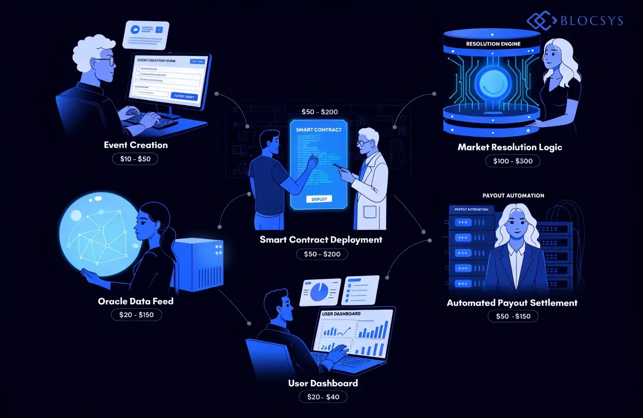 Prediction market development cost — Process flow diagram showing Prediction Market Platform architecture: Event Creation → Oracle Data Feed → Smart Contract Deployment → Market Resolution Logic → Automated Payout Settlement → User Dashboard, with estimated cost ranges labelled at each stage