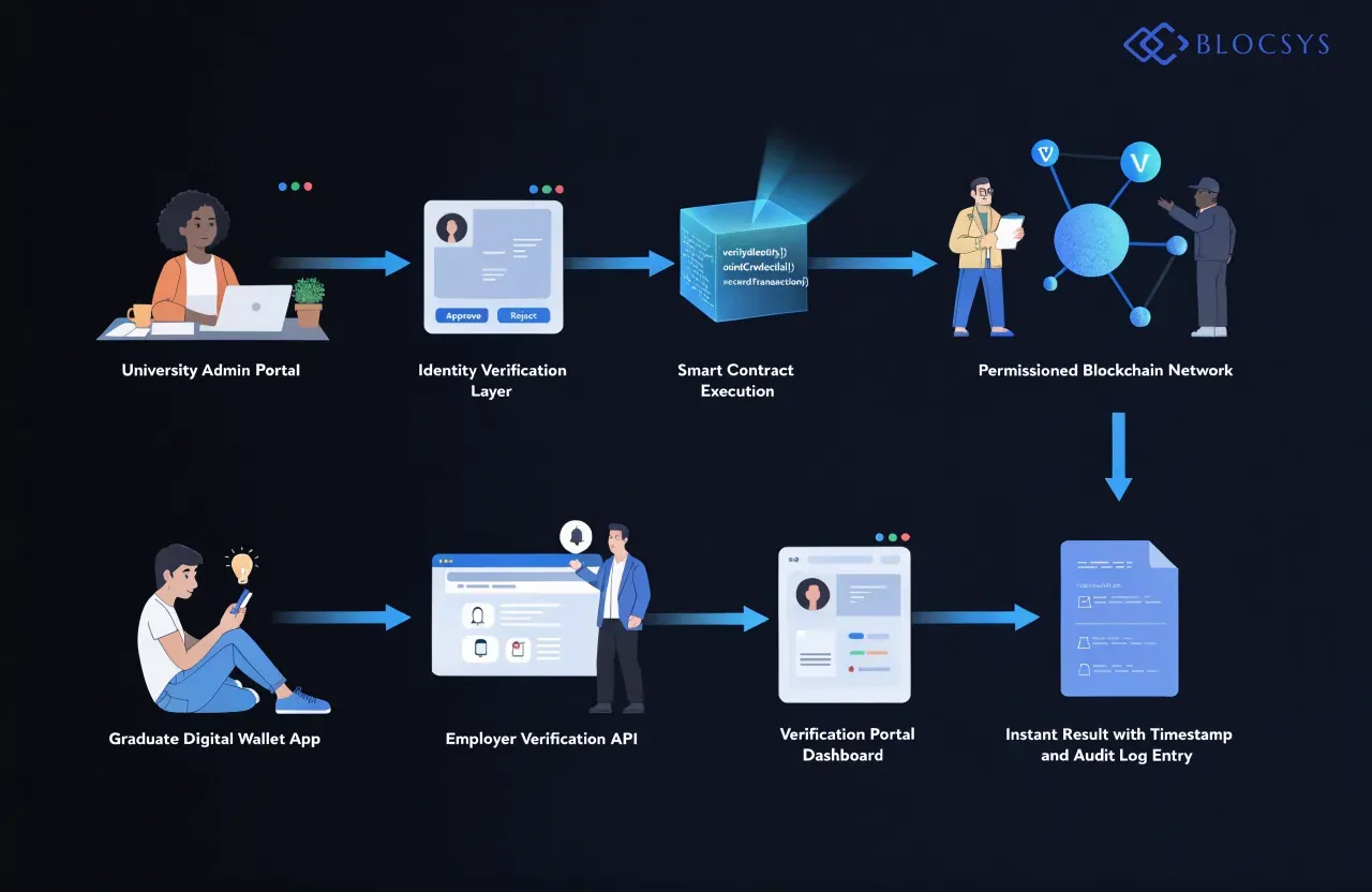 Academic Credentials — Architecture diagram showing a university's blockchain credential issuance system: University Admin Portal → Identity Verification Layer → Smart Contract Execution → Permissioned Blockchain Network (multiple validator nodes) → Graduate Digital Wallet App → Employer Verification API → Verification Portal Dashboard → Instant Result with Timestamp and Audit Log Entry
