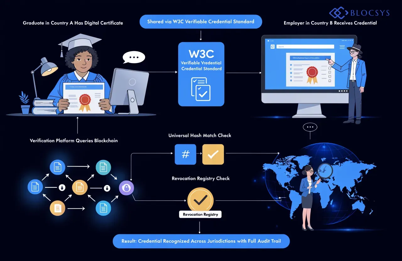 Academic Credentials — World map decision tree diagram showing cross-border academic credential verification flow: Graduate in Country A Has Digital Certificate → Shared via W3C Verifiable Credential Standard → Employer in Country B Receives Credential → Verification Platform Queries Blockchain → Universal Hash Match Check → Revocation Registry Check → Result: Credential Recognized Across Jurisdictions with Full Audit Trail