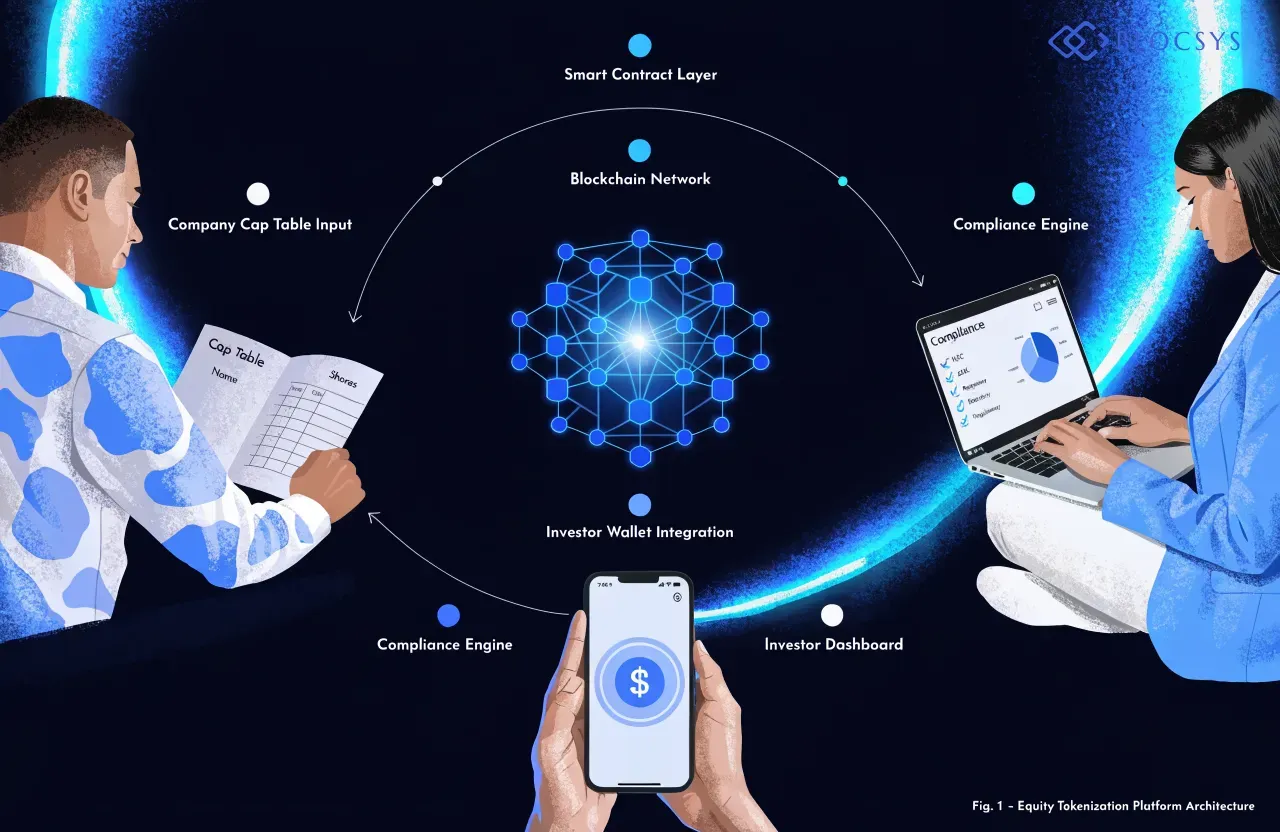 Equity tokenization platform development — [Flow diagram showing equity tokenization platform architecture: Company Cap Table Input → Smart Contract Layer → Blockchain Network → Investor Wallet Integration → Compliance Engine → Investor Dashboard]
