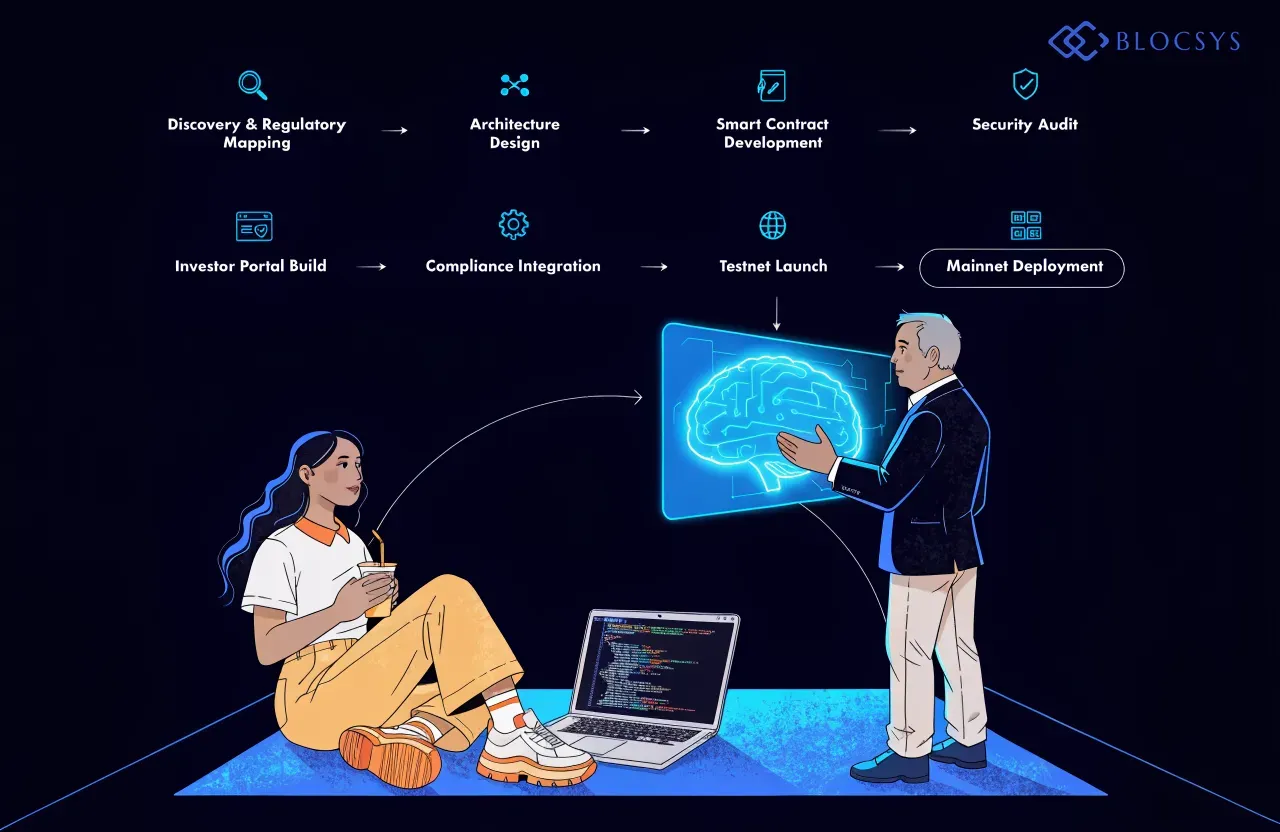 Private Equity Tokenization — [Flow diagram showing platform development roadmap: Discovery & Regulatory Mapping → Architecture Design → Smart Contract Development → Security Audit → Investor Portal Build → Compliance Integration → Testnet Launch → Mainnet Deployment]