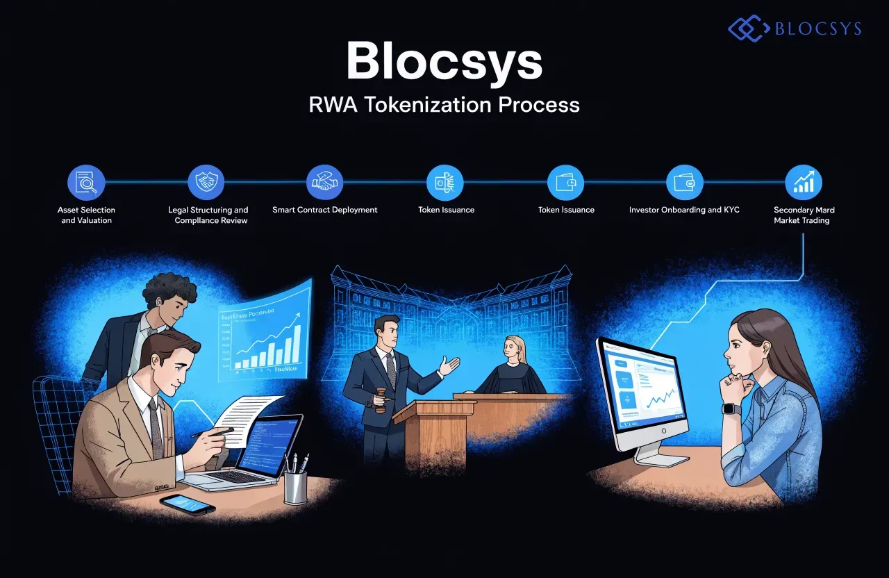 RWA Tokenization Companies in the UK — Flow diagram showing the Blocsys RWA tokenization process: Asset Selection and Valuation → Legal Structuring and Compliance Review → Smart Contract Deployment → Token Issuance → Investor Onboarding and KYC → Secondary Market Trading