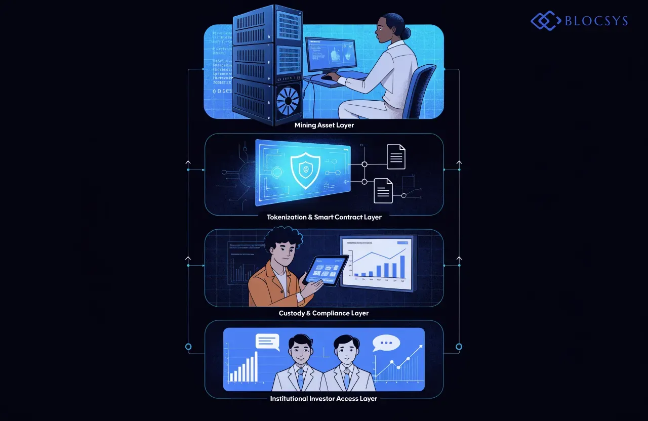 Tokenized assets — [System architecture diagram showing institutional blockchain infrastructure layers: Mining Asset Layer → Tokenization & Smart Contract Layer → Custody & Compliance Layer → Institutional Investor Access Layer]