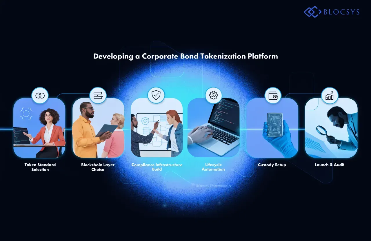 What is Corporate Bond Tokenization? How does Corporate Bond Tokenization work? Benefits of Corporate Bond Tokenization Corporate Bond Tokenization vs Traditional Bonds How to Tokenize Corporate Bonds Cost of Corporate Bond Tokenization Platform Best Corporate Bond Tokenization Company Why use Blockchain for Corporate Bonds? How much does Bond Tokenization Development cost? Is Corporate Bond Tokenization legal? — [Flow diagram showing corporate bond tokenization platform development process: Token Standard Selection → Blockchain Layer Choice → Compliance Infrastructure Build → Lifecycle Automation → Custody Setup → Launch & Audit]