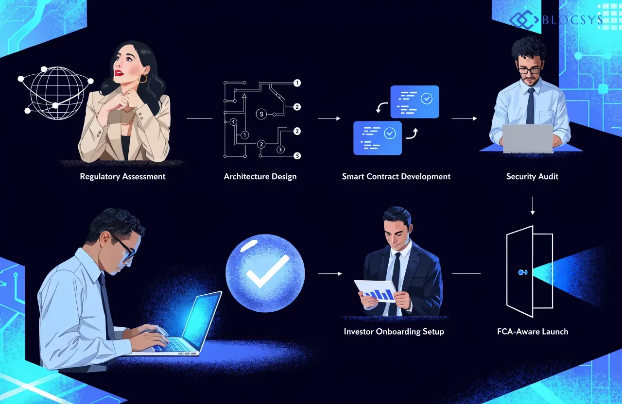FCA Compliance — Flow diagram showing enterprise platform build process: Regulatory Assessment → Architecture Design → Smart Contract Development → Security Audit → Investor Onboarding Setup → FCA-Aware Launch