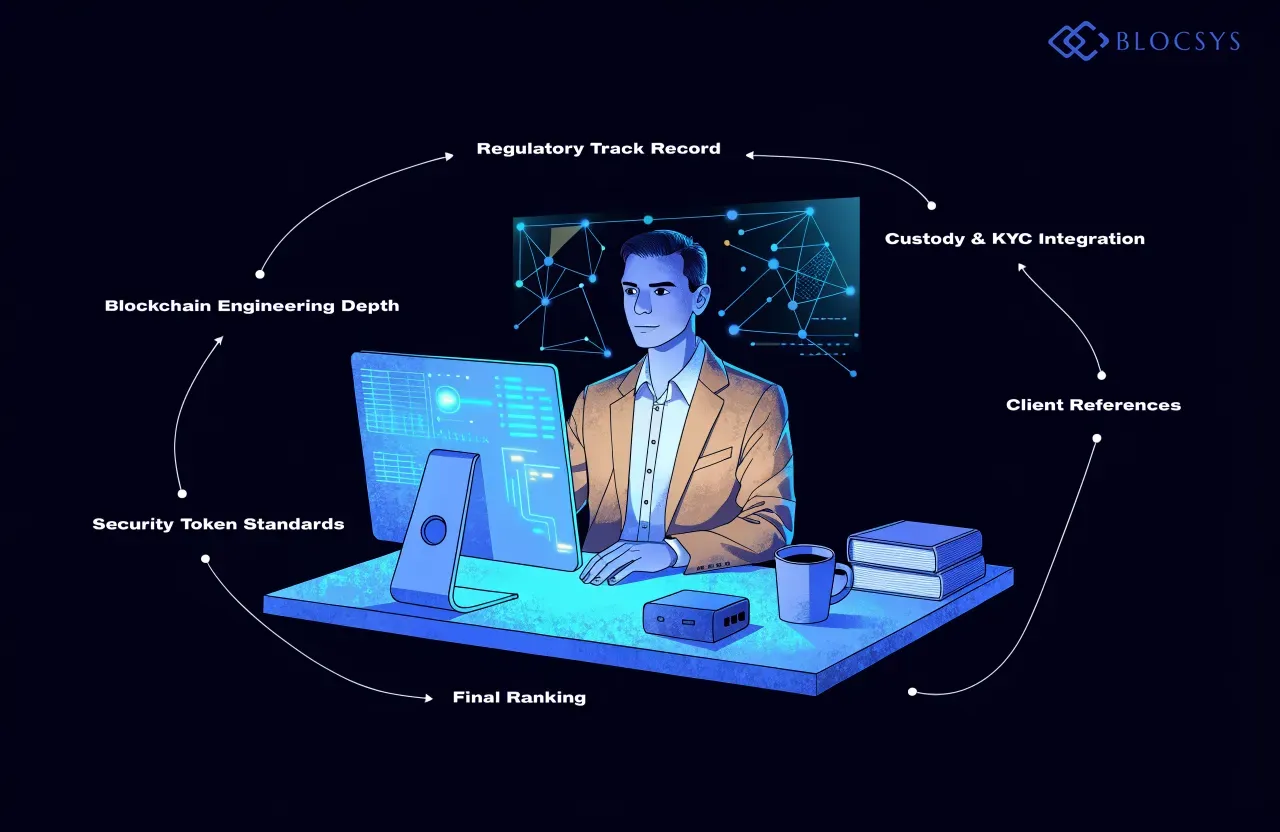 Top Equity Tokenization Platform Development Companies in Europe — Flow diagram showing the evaluation methodology: Regulatory Track Record → Blockchain Engineering Depth → Security Token Standards → Custody & KYC Integration → Client References → Final Ranking