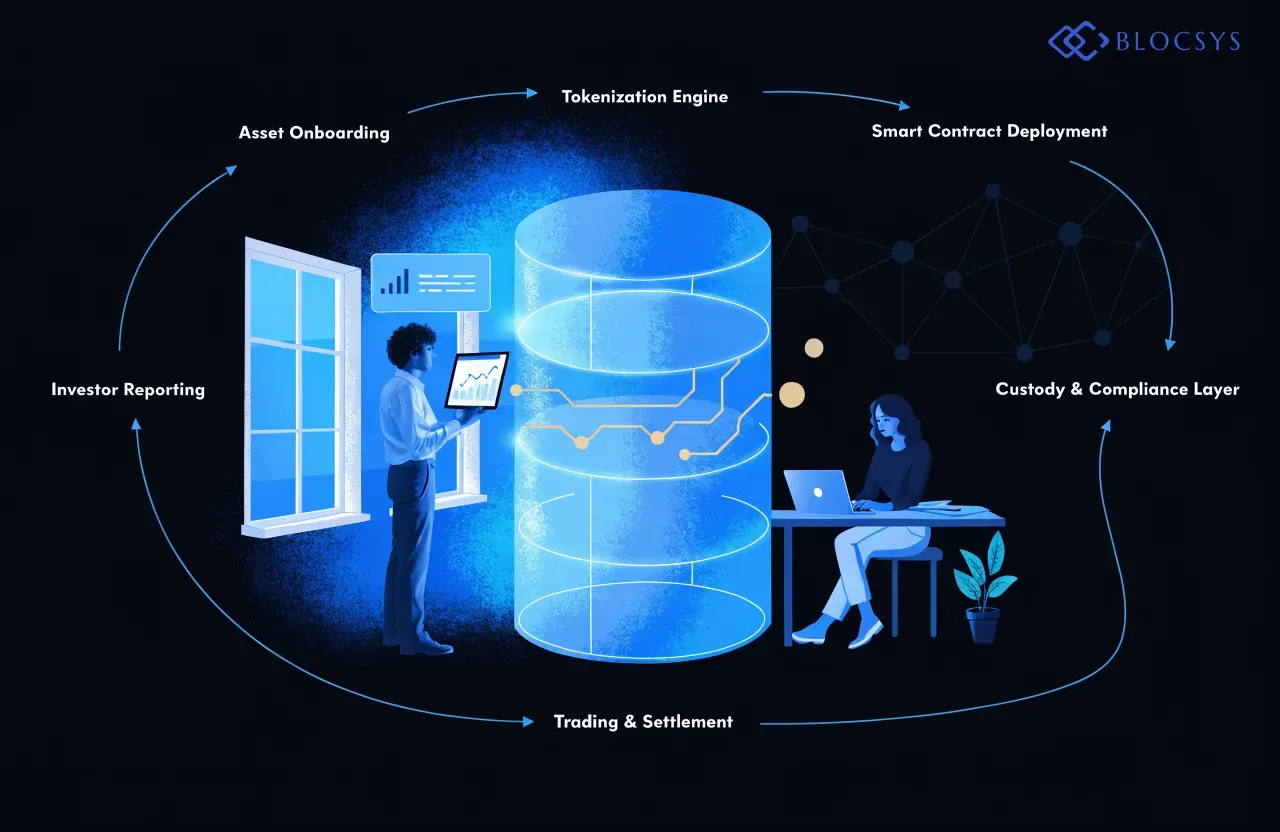 Smart contracts — Flow diagram showing digital asset platform architecture: Asset Onboarding → Tokenization Engine → Smart Contract Deployment → Custody & Compliance Layer → Trading & Settlement → Investor Reporting