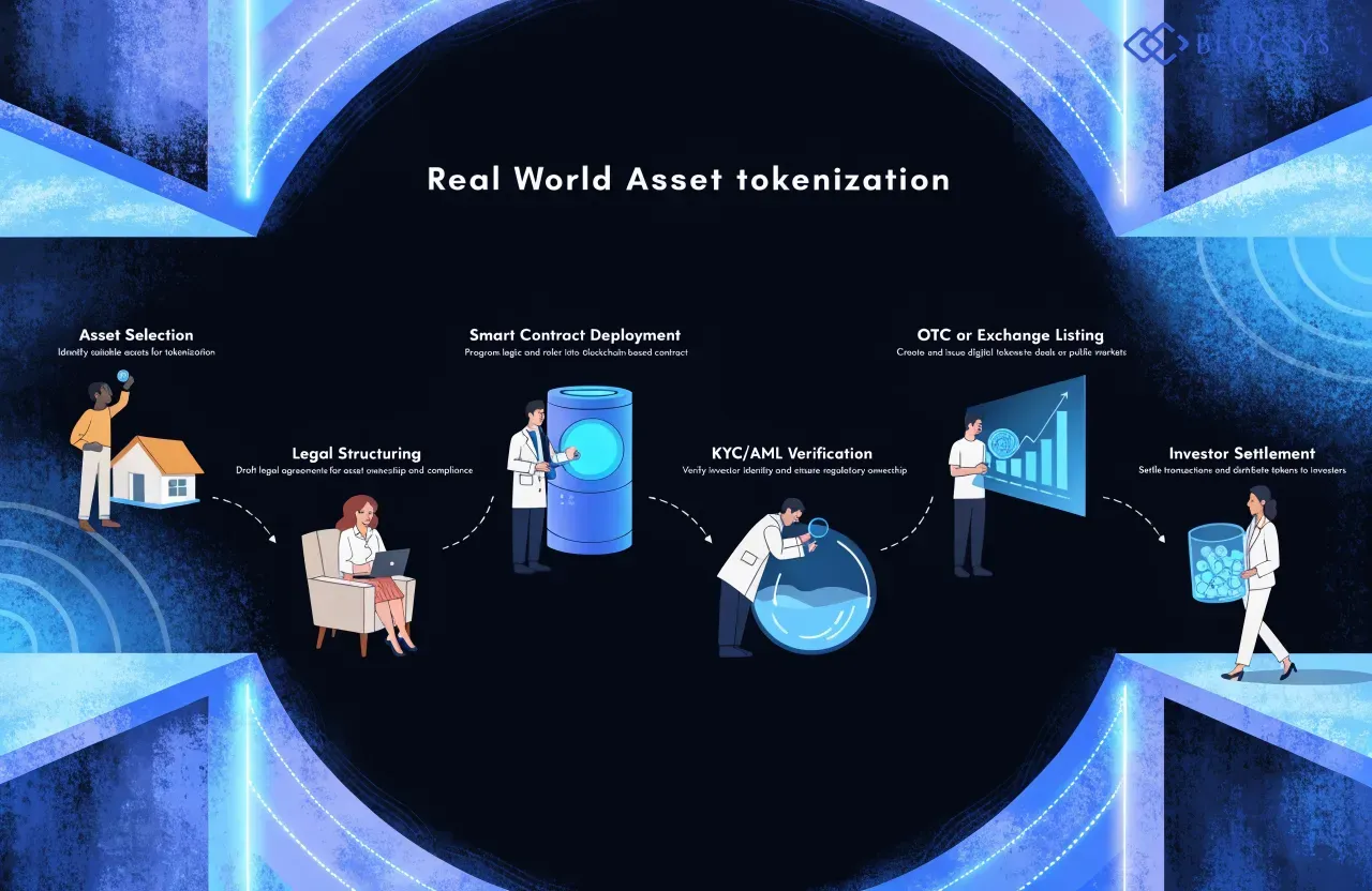 Smart contracts — Flow diagram showing Real World Asset tokenization workflow: Asset Selection → Legal Structuring → Smart Contract Deployment → KYC/AML Verification → Token Issuance → OTC or Exchange Listing → Investor Settlement
