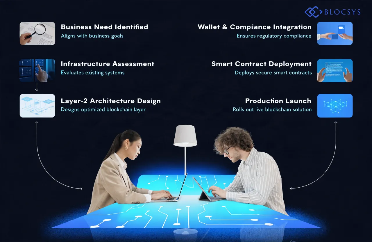 Robinhood Blockchain — [Flow diagram showing enterprise blockchain adoption process: Business Need Identified → Infrastructure Assessment → Layer-2 Architecture Design → Wallet & Compliance Integration → Smart Contract Deployment → Production Launch]